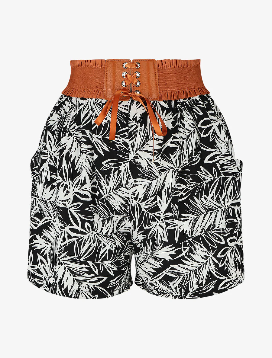 Short met hoge taille in korsetstijl met tropische print - zwart