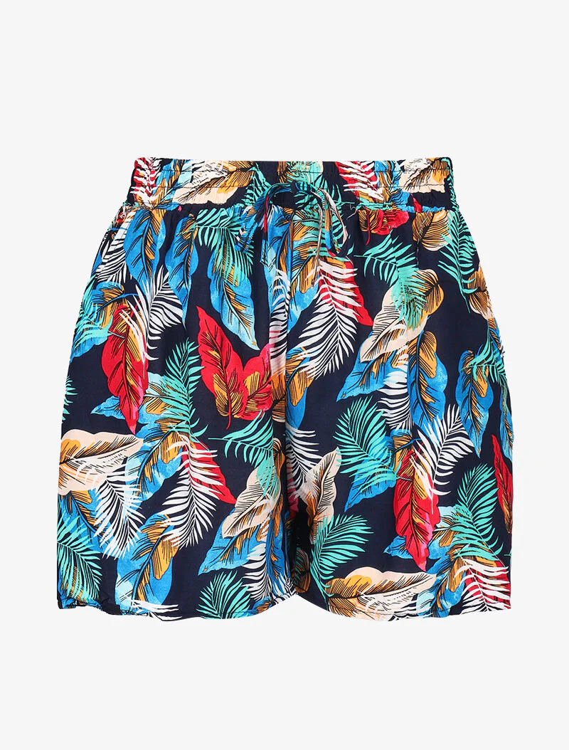Korte vloeiende print bladeren gekleurd - marineblauw