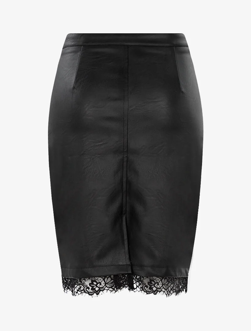 Split rok in imitatieleer met kanten rand - zwart - Image 2