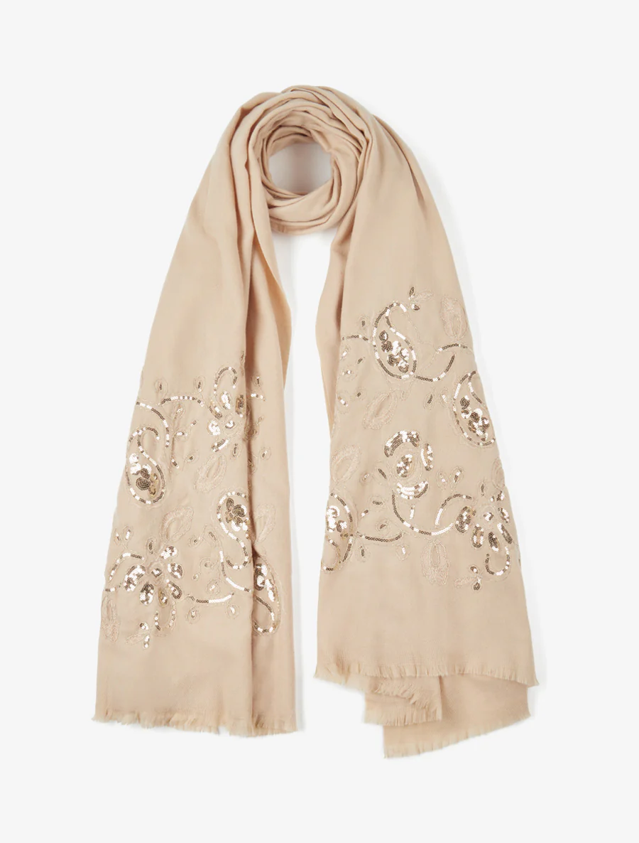 Sjaal met bloemenprint versierd met pailletten - Beige