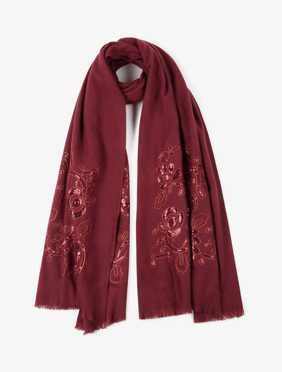Sjaal met bloemenprint versierd met pailletten - Bordeaux