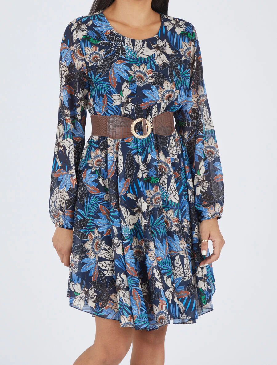 Skaterjurk met orchideeënprint - Marineblauw - Image 4