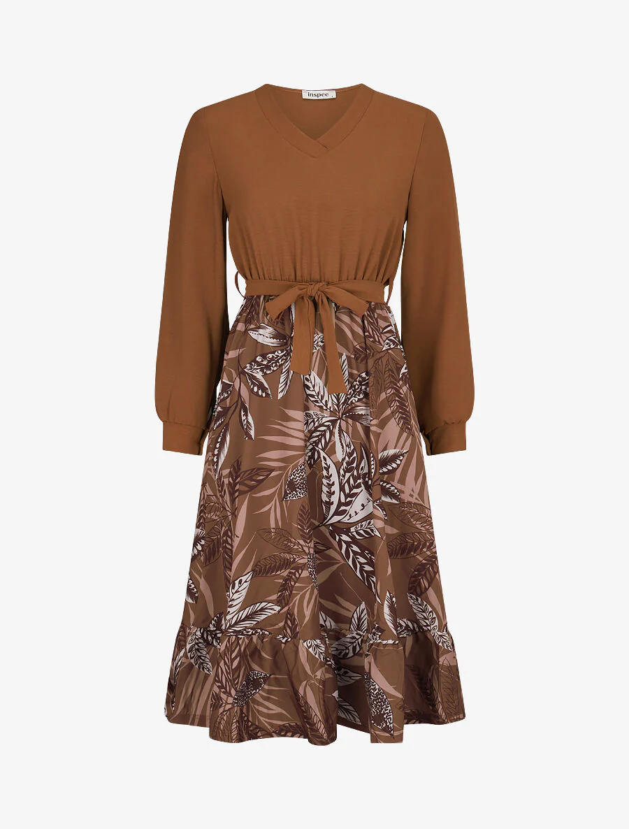 Skaterjurk met rok met tropische print - Camel