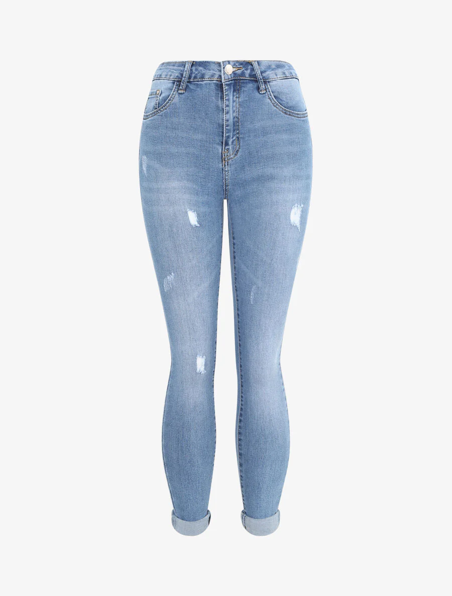 Hoge taille skinny jeans met scheuren - Lichtblauw
