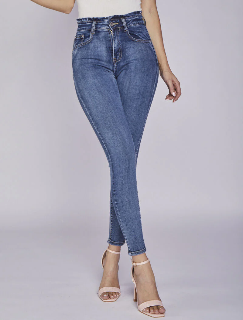 Jean skinny vervaagd met hoge taille gestileerd - Blauw denim