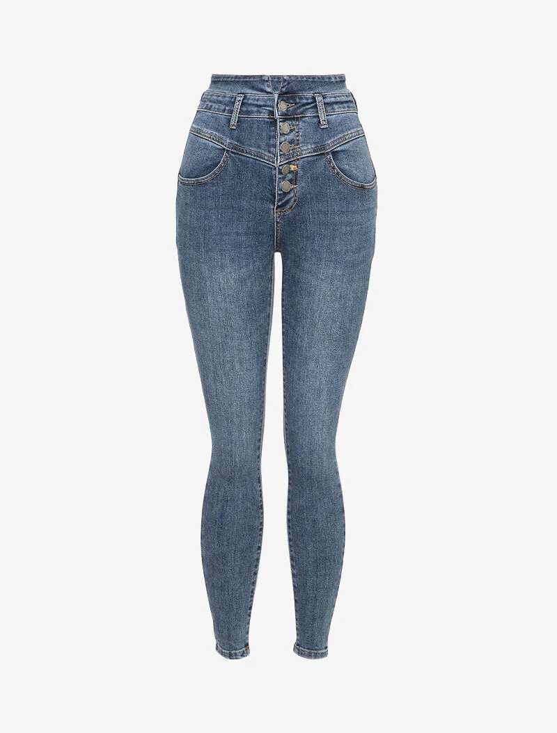 Hoog getailleerde skinny jeans met knopen - Blauw - Image 2