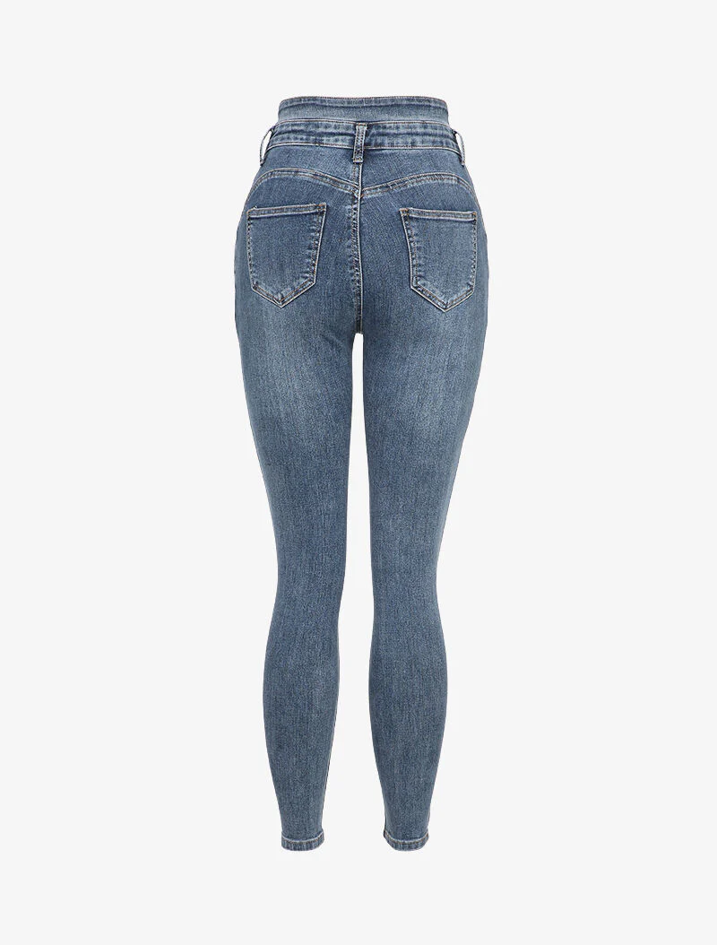 Hoog getailleerde skinny jeans met knopen - Blauw - Image 3