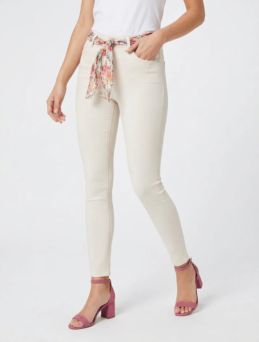 Skinny jeans met bedrukt riempje - Lichtbeige - Image 4