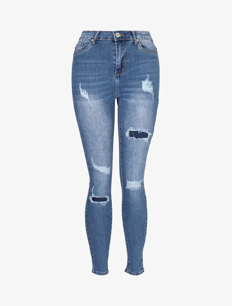 Skinny jeans met dubbele scheuren - licht denim