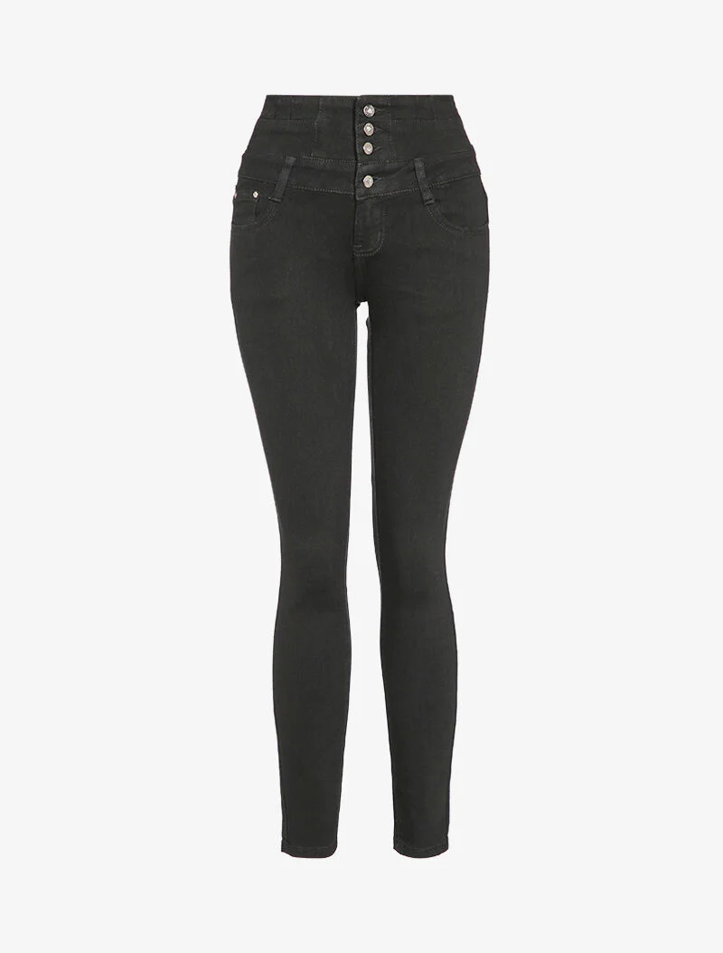 Skinny jeans met hoge taille en gestileerde knopen - Zwart