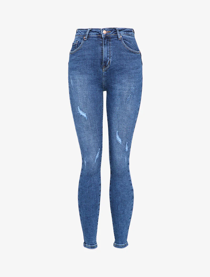 Skinny jeans met hoge taille en scheuren - Blauw denim