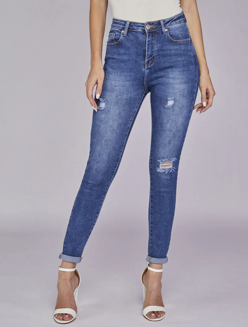 Hoge taille skinny jeans gewassen en gescheurd - Blauw denim