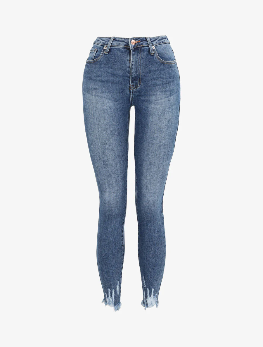 Skinny jeans met hoge taille en gerafelde randen - Blauw