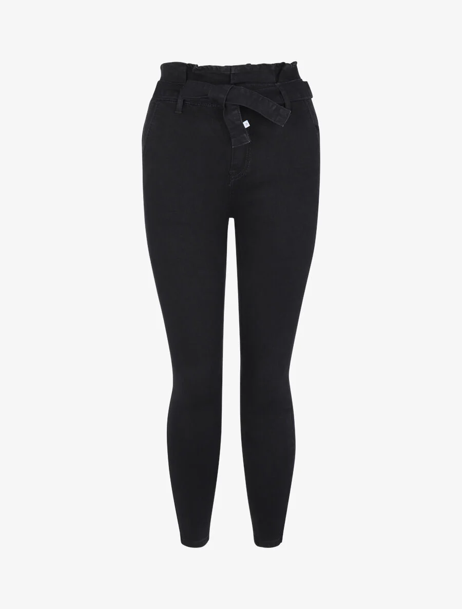 Skinny jeans met hoge taille en ruches - Zwart