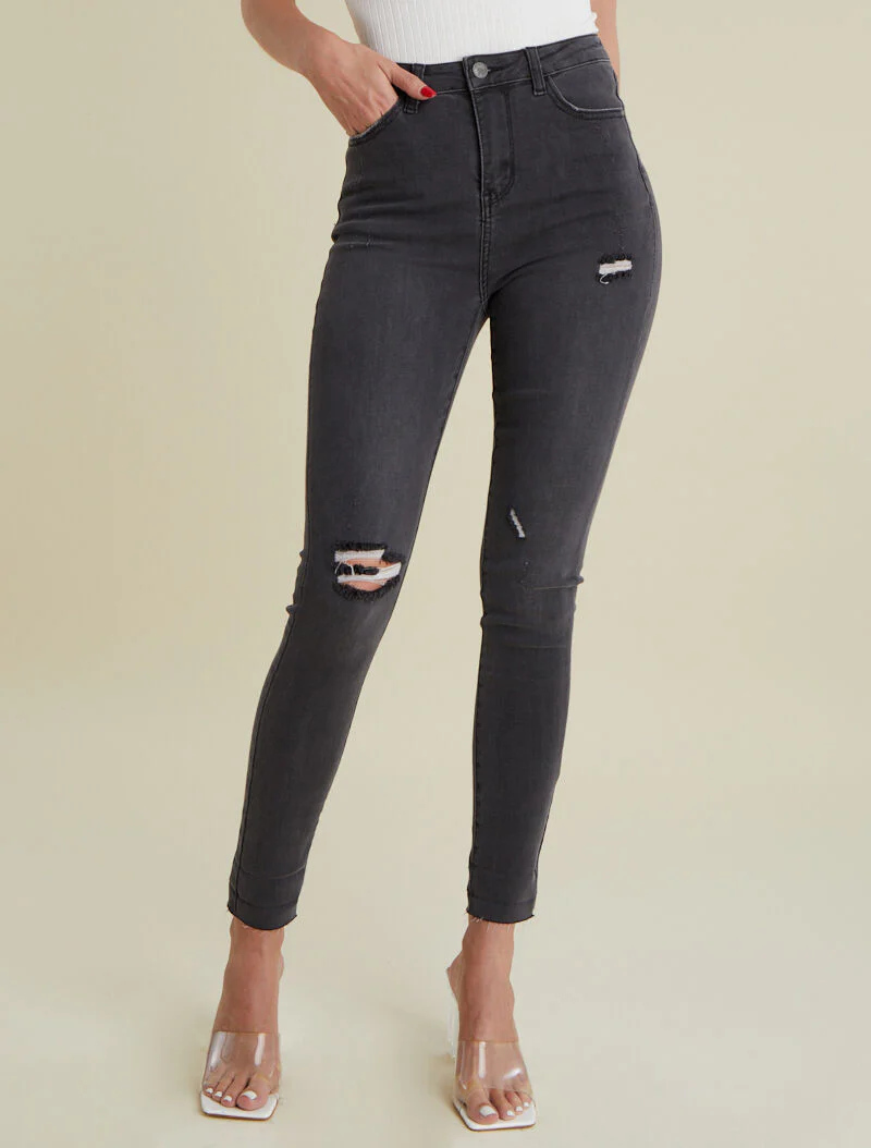 Skinny jeans met scheuren - antraciet