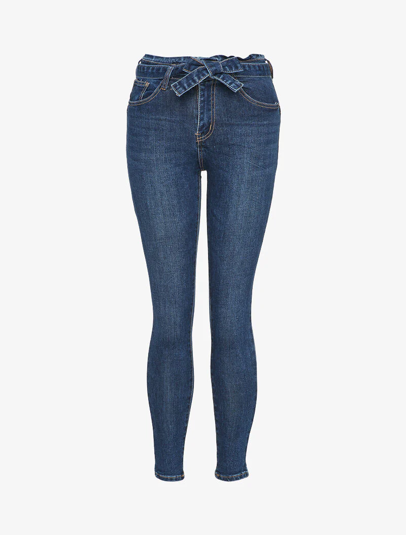 Skinny jeans met standaard taille en riem - Blauw denim