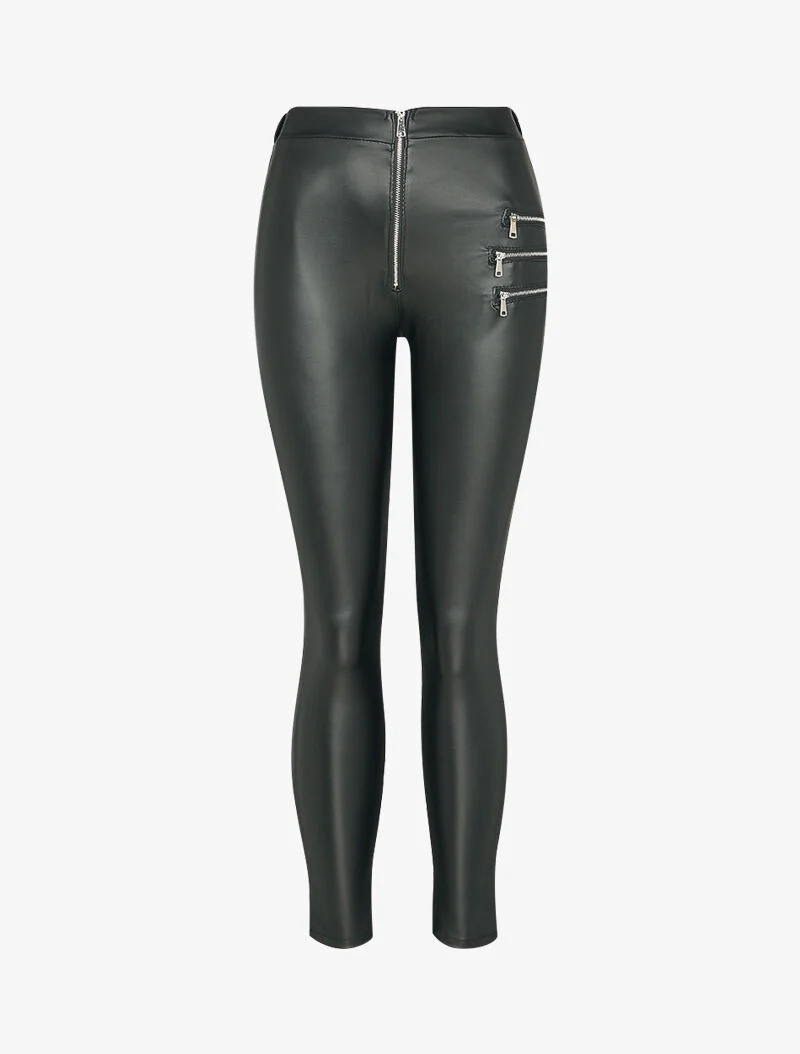 Slim broek in imitatieleer met drie decoratieve ritsen - Zwart