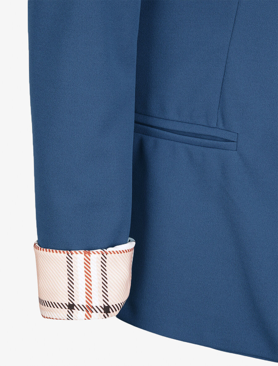 Slim-fit blazer met effen kleur en geruite revers - Petrolblauw - Image 3