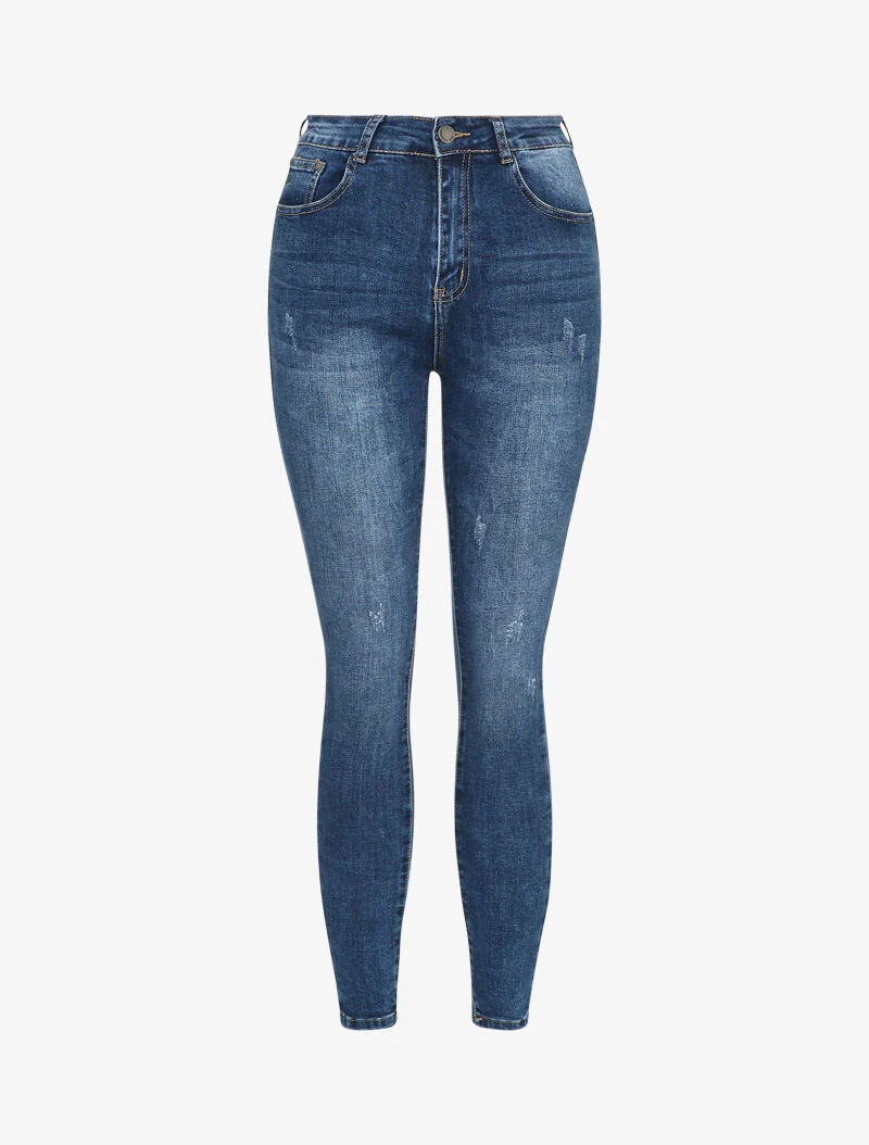 Slim jeans met wassing en scheuren - Blauw denim
