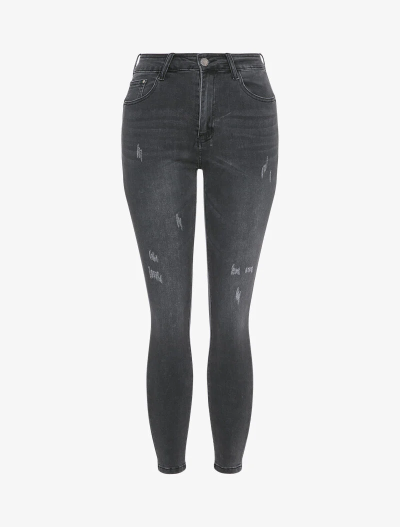 Slim fit jeans met hoge taille en krassen - Donkergrijs