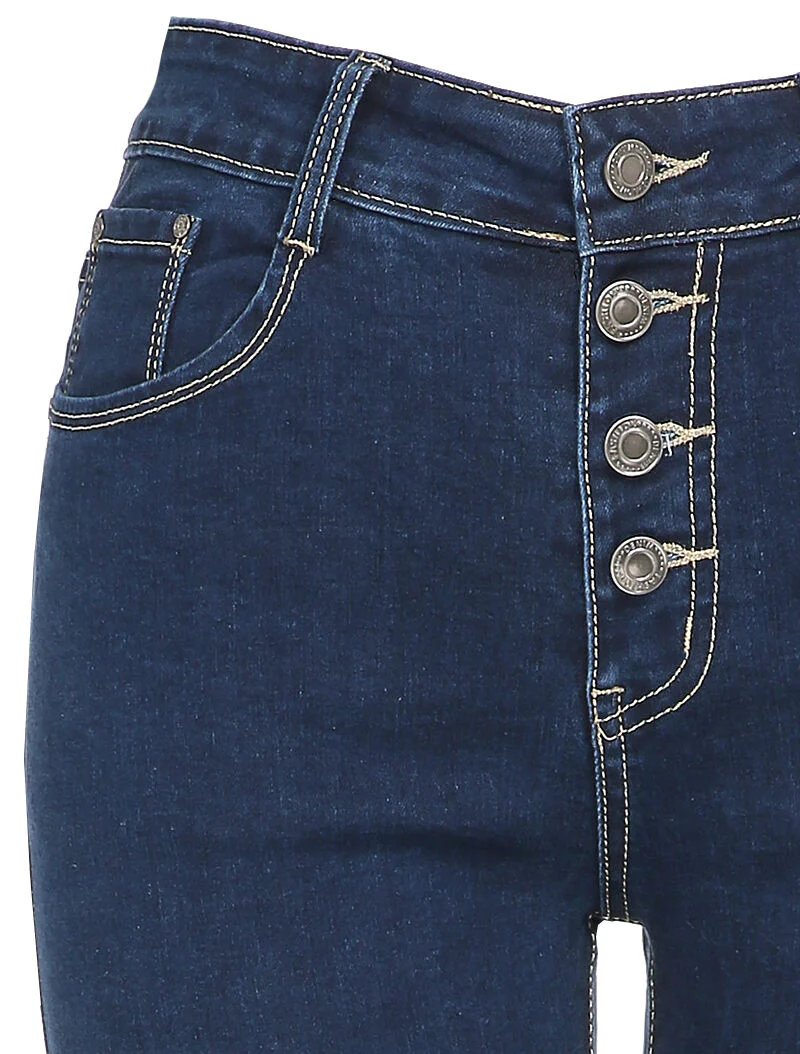 High-waisted slim jeans met knopen - Blauw denim - Image 3