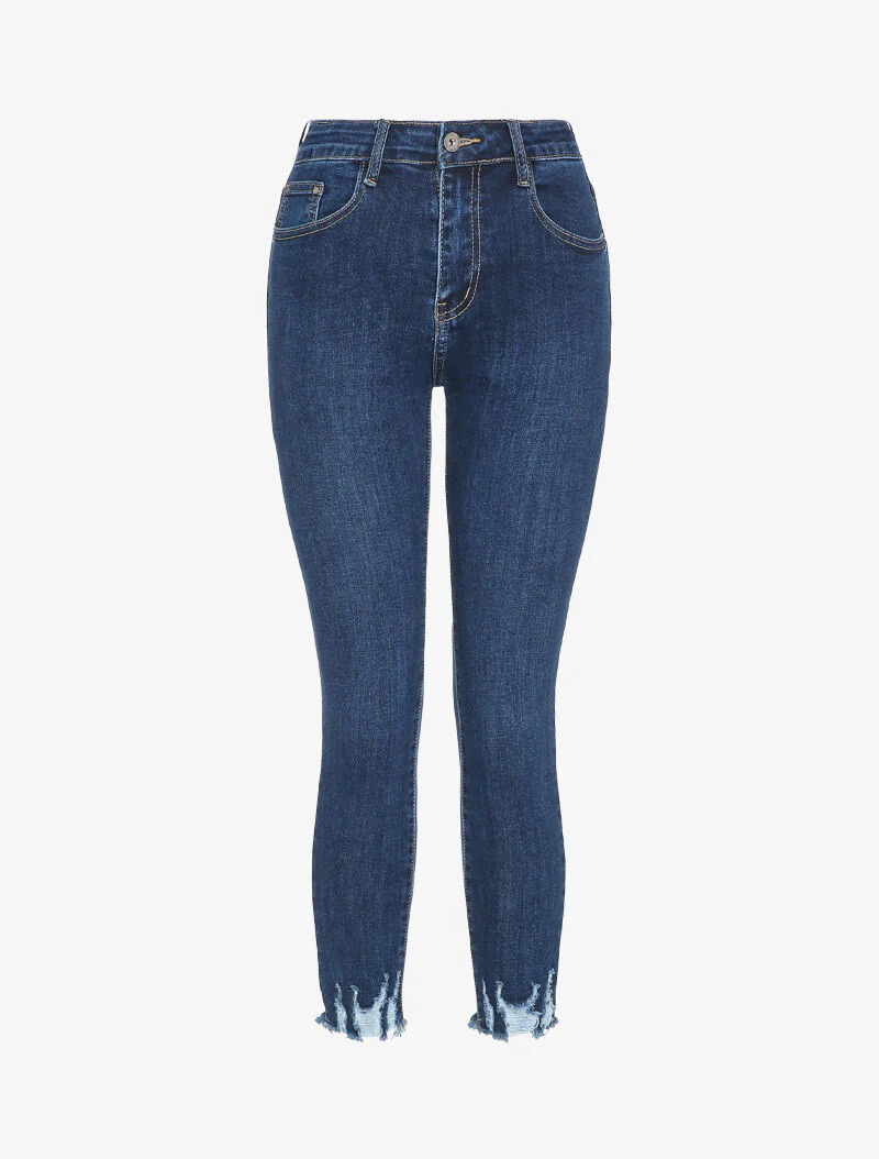 Slim fit jeans met rafelige randen en merklogo's - Blauw denim
