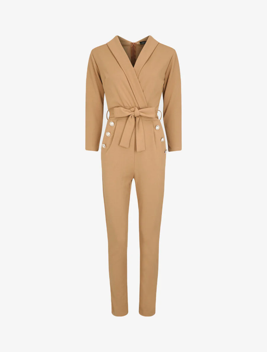 Slim-fit jumpsuit met overslaghals - Kameel