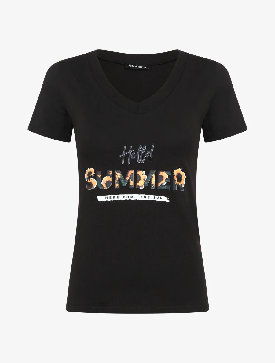 Slim fit T-shirt met boodschap en zonnebloemen - Zwart