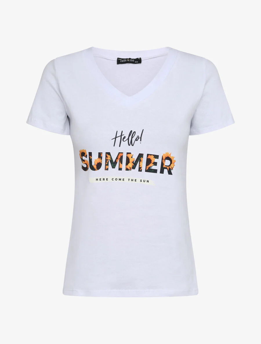 Slim fit T-shirt met boodschap en zonnebloemen - wit