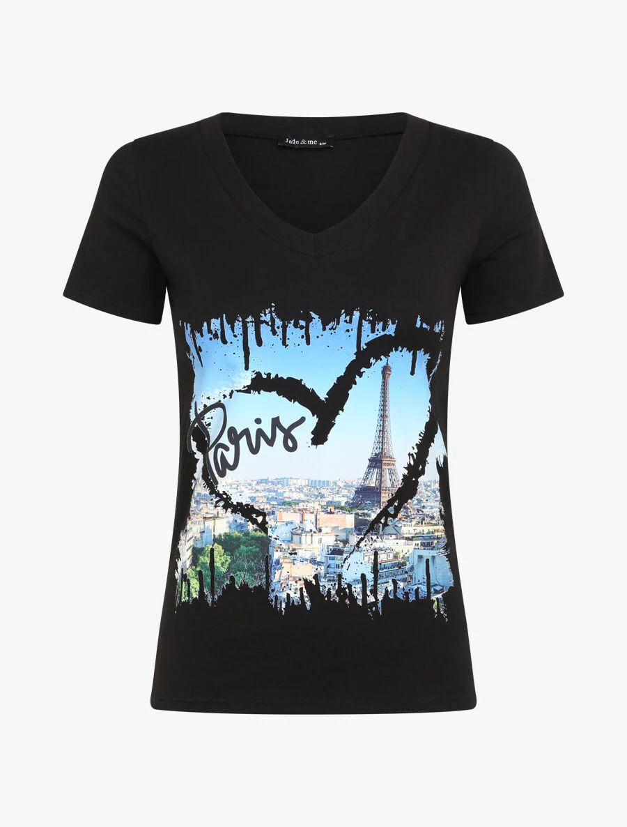 Slim T-shirt met Paris bedrukking - Zwart