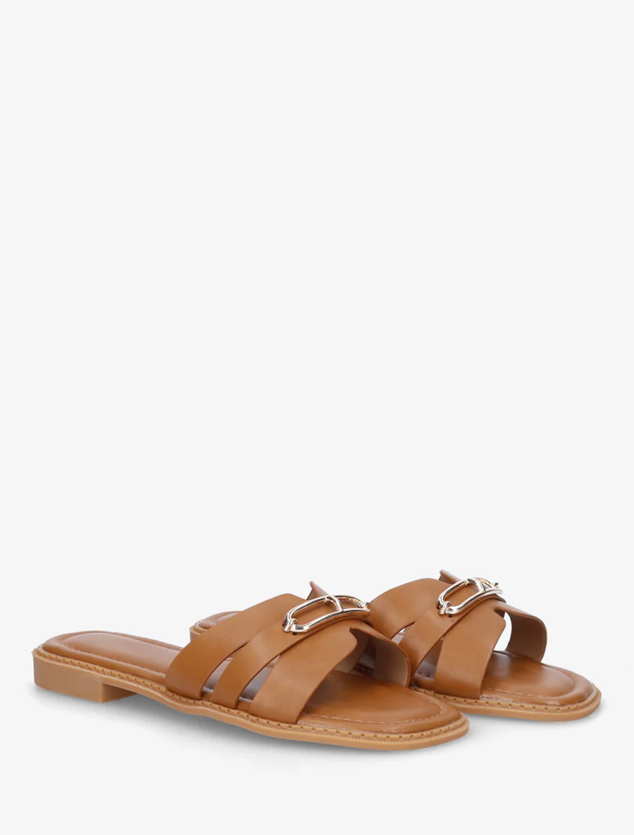Slippers van imitatieleer met metalen inzetstuk - Kameel - Image 4