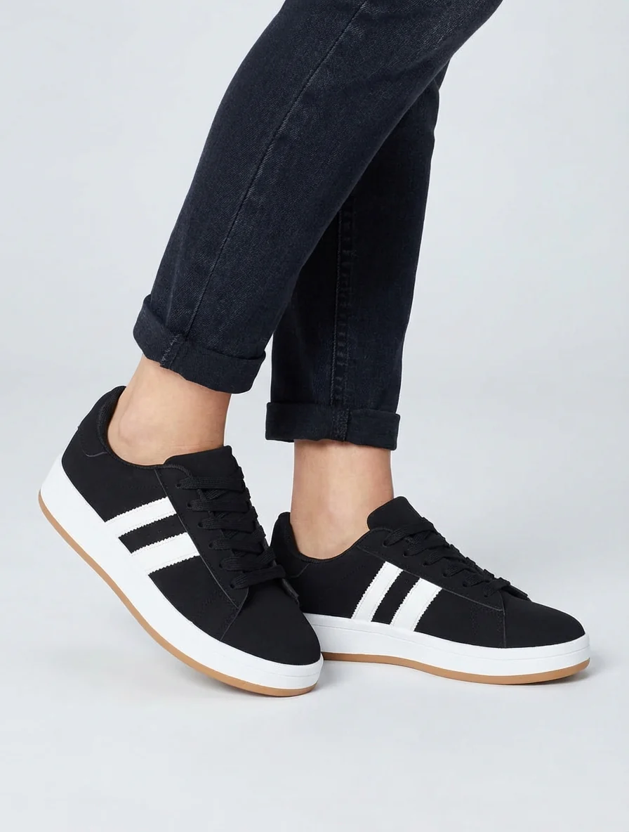 Sneakers in nubucklook met contrasterende banden - Zwart - Image 5