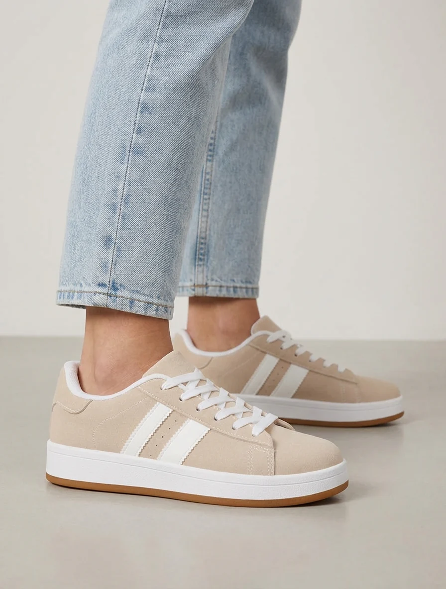 Sneakers in nubucklook met contrasterende banden - Beige - Image 5