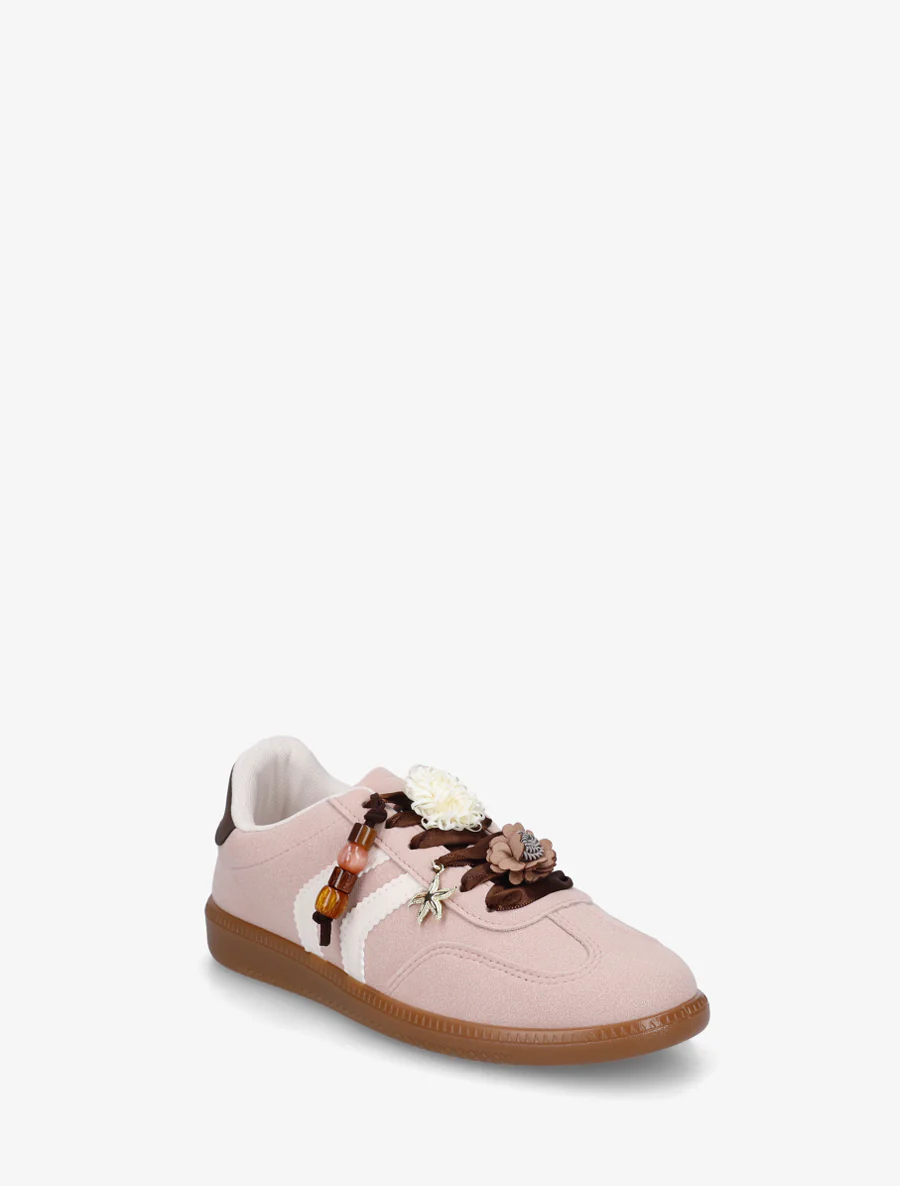 Sneakers met bloemen- en houten parelinzetstukken - Oudroze - Image 2