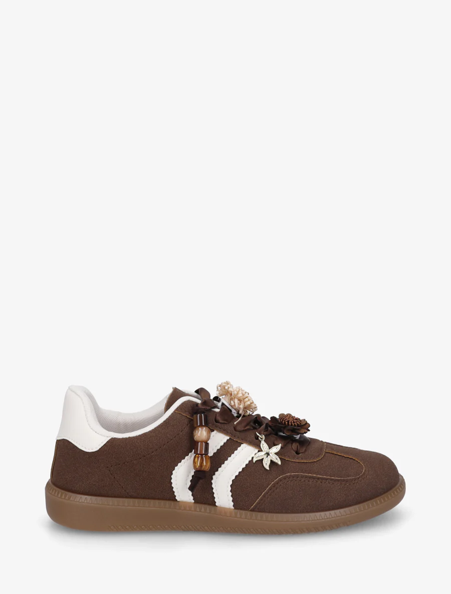 Sneakers met bloemen- en houten parelinzetstukken - Bruin