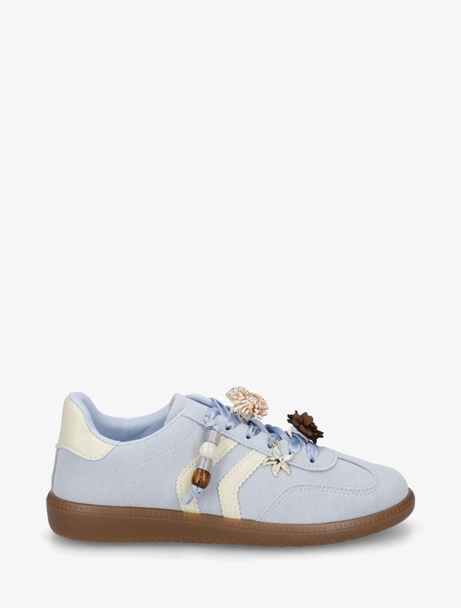 Sneakers met bloemen- en houten parelinzetstukken - Lichtblauw