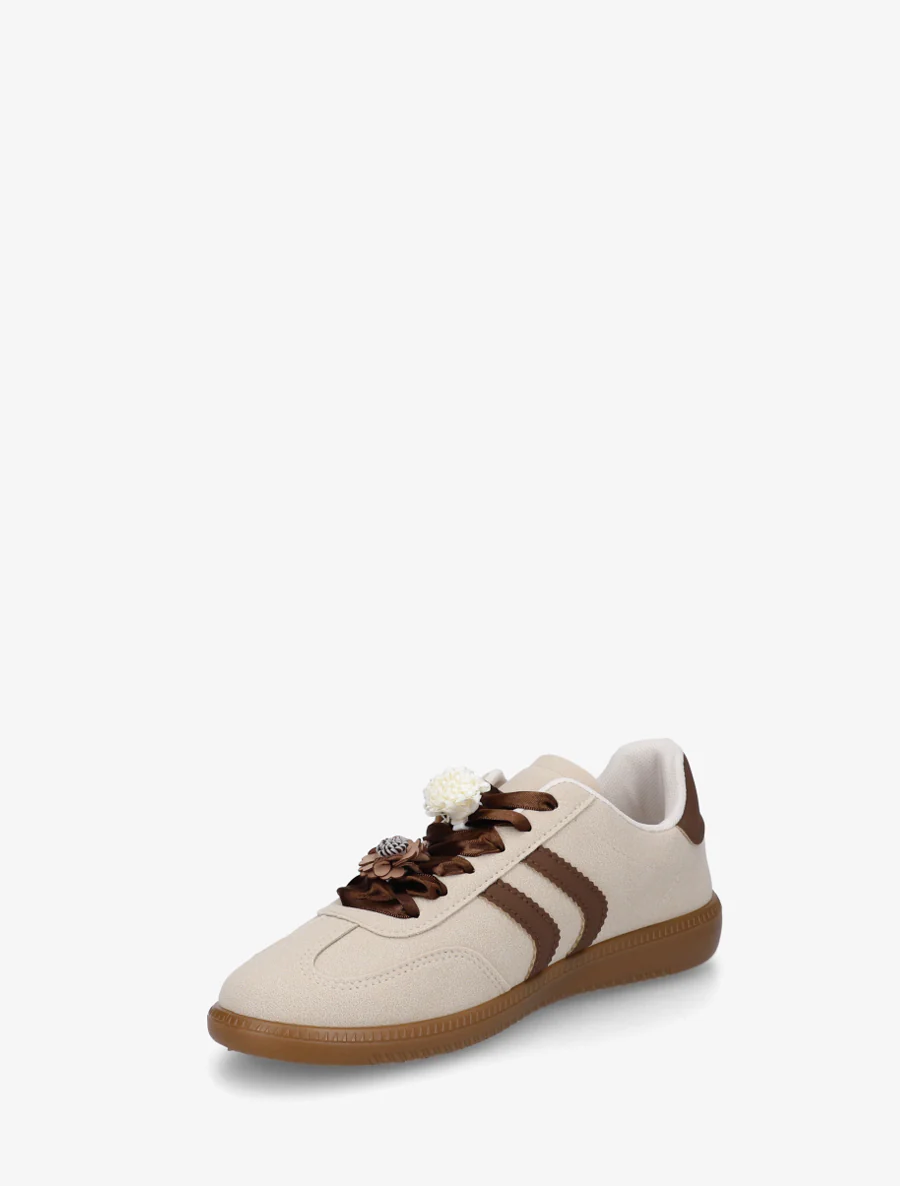 Sneakers met bloemen- en houten parelinzetstukken - Beige - Image 3