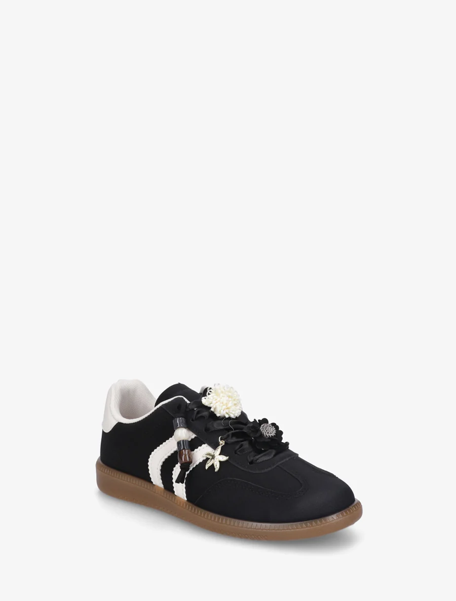 Sneakers met bloemen- en houten parelinzetstukken - Zwart - Image 2