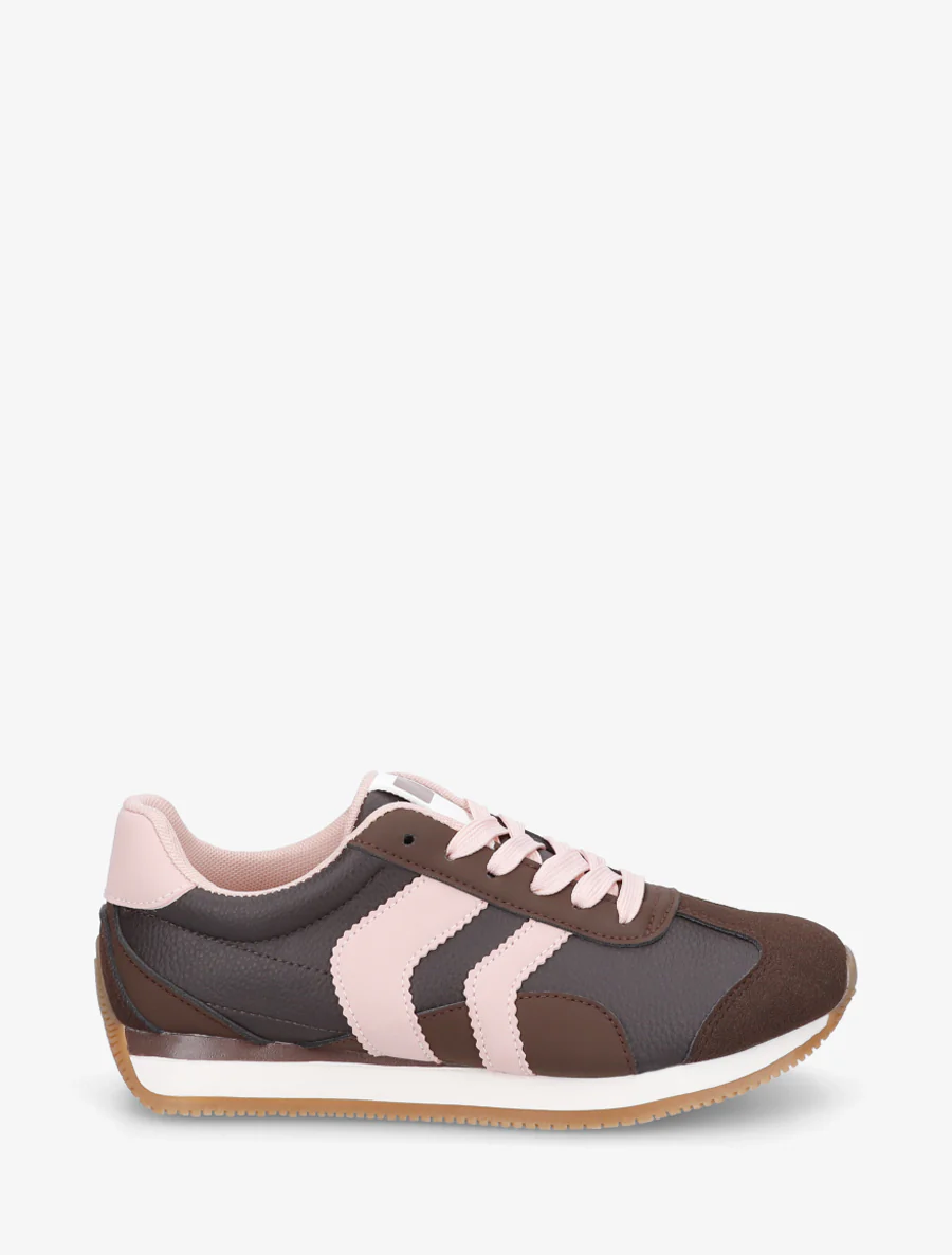 Sneakers met contrasterende hiel en dubbele veters. - Bruin