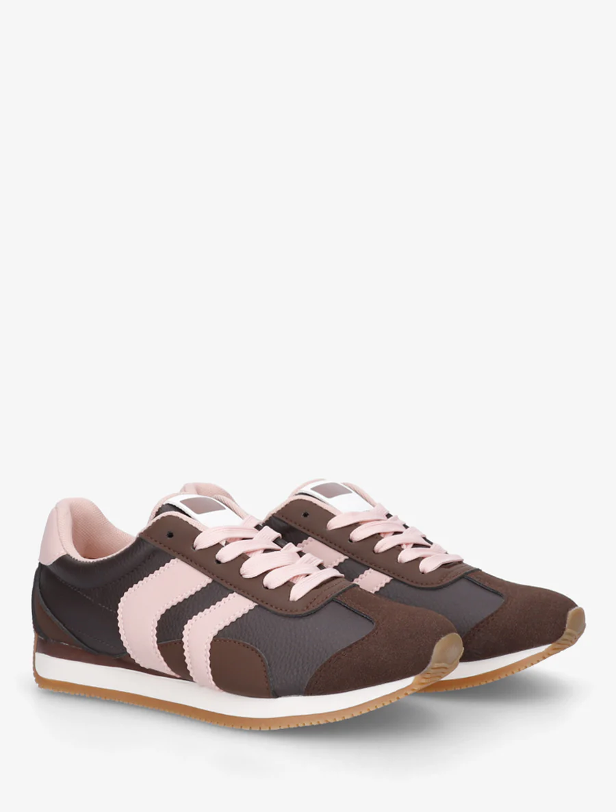 Sneakers met contrasterende hiel en dubbele veters. - Bruin - Image 4