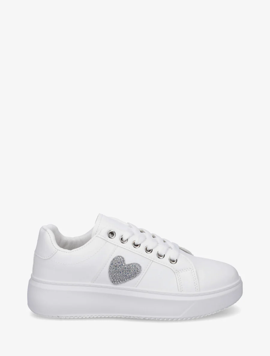 Sneakers met ingelegd strass hartje - Wit
