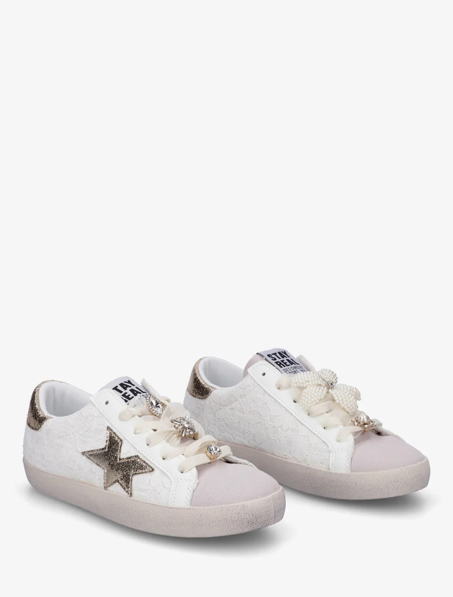 Sneakers met kanten versiering en strass juwelen - Goud - Image 4