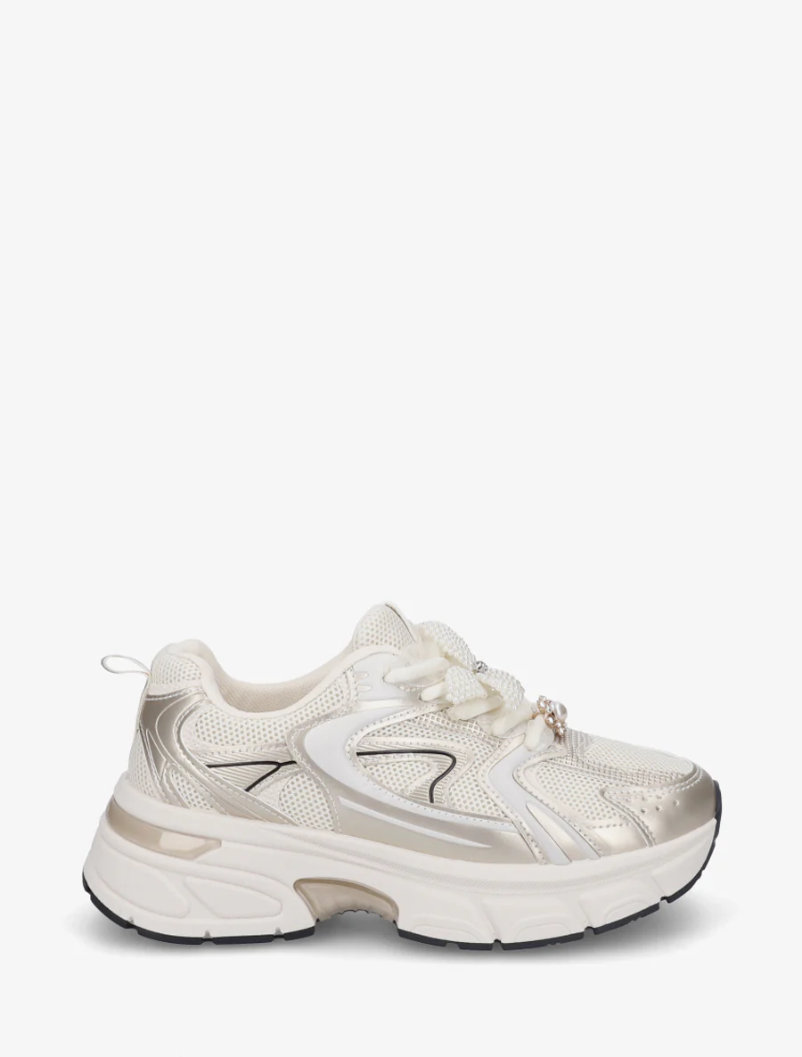 Sneakers met lintveters en bloem van parels - Goud