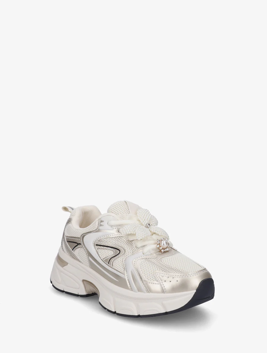 Sneakers met lintveters en bloem van parels - Goud - Image 2