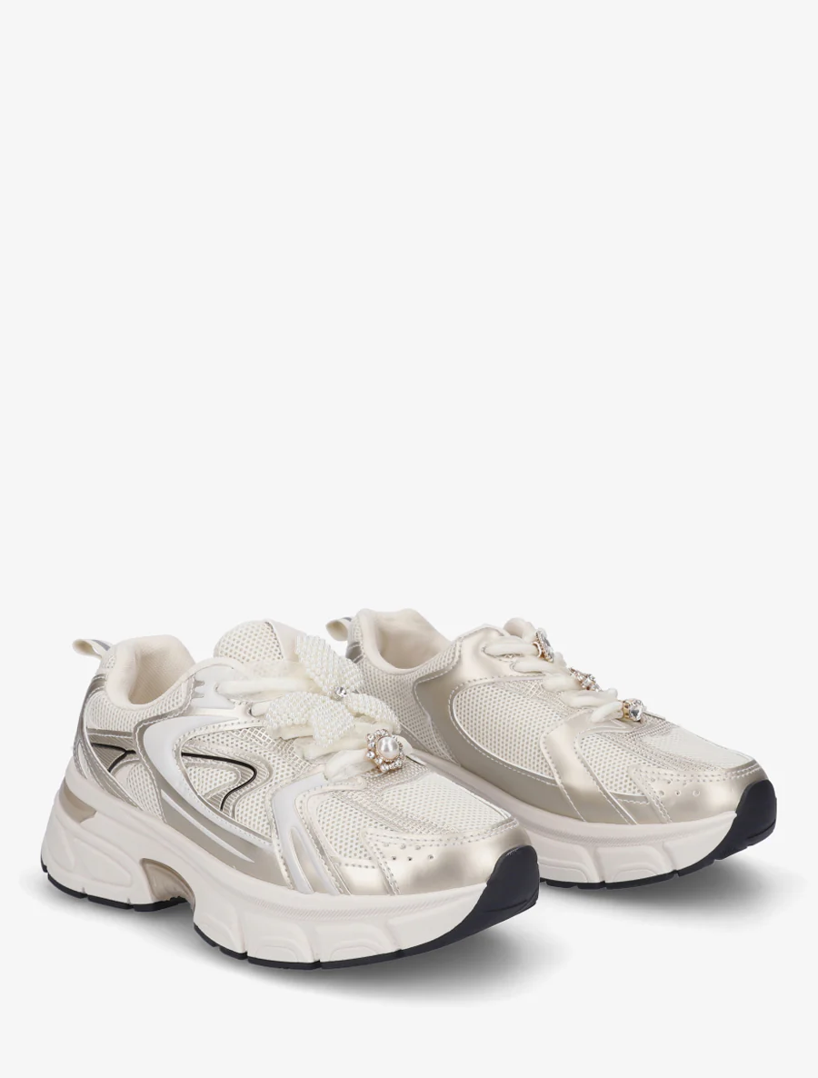 Sneakers met lintveters en bloem van parels - Goud - Image 4