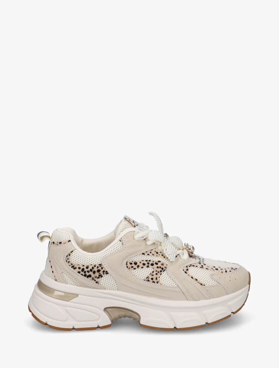 Sneakers met lintveters en bloem van parels - Beige
