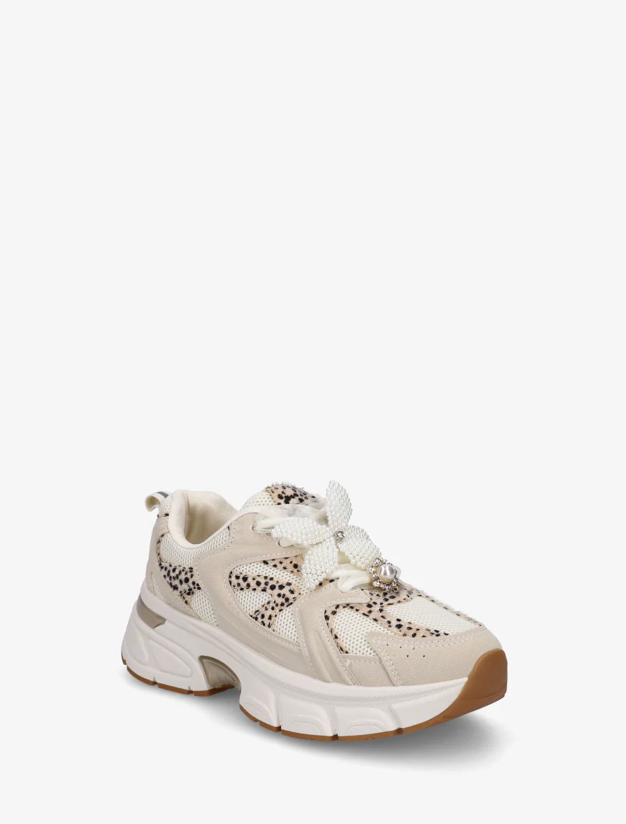 Sneakers met lintveters en bloem van parels - Beige - Image 2