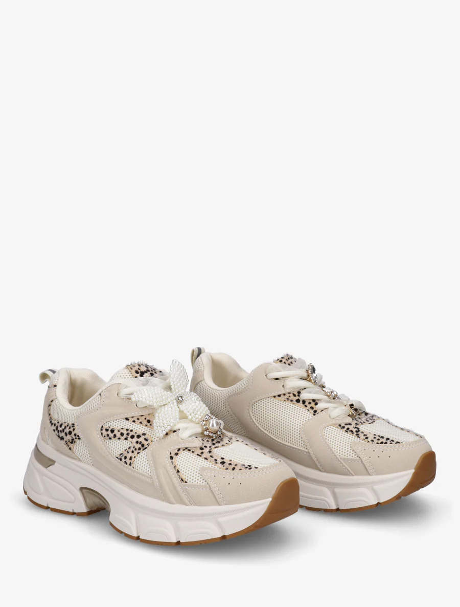 Sneakers met lintveters en bloem van parels - Beige - Image 4
