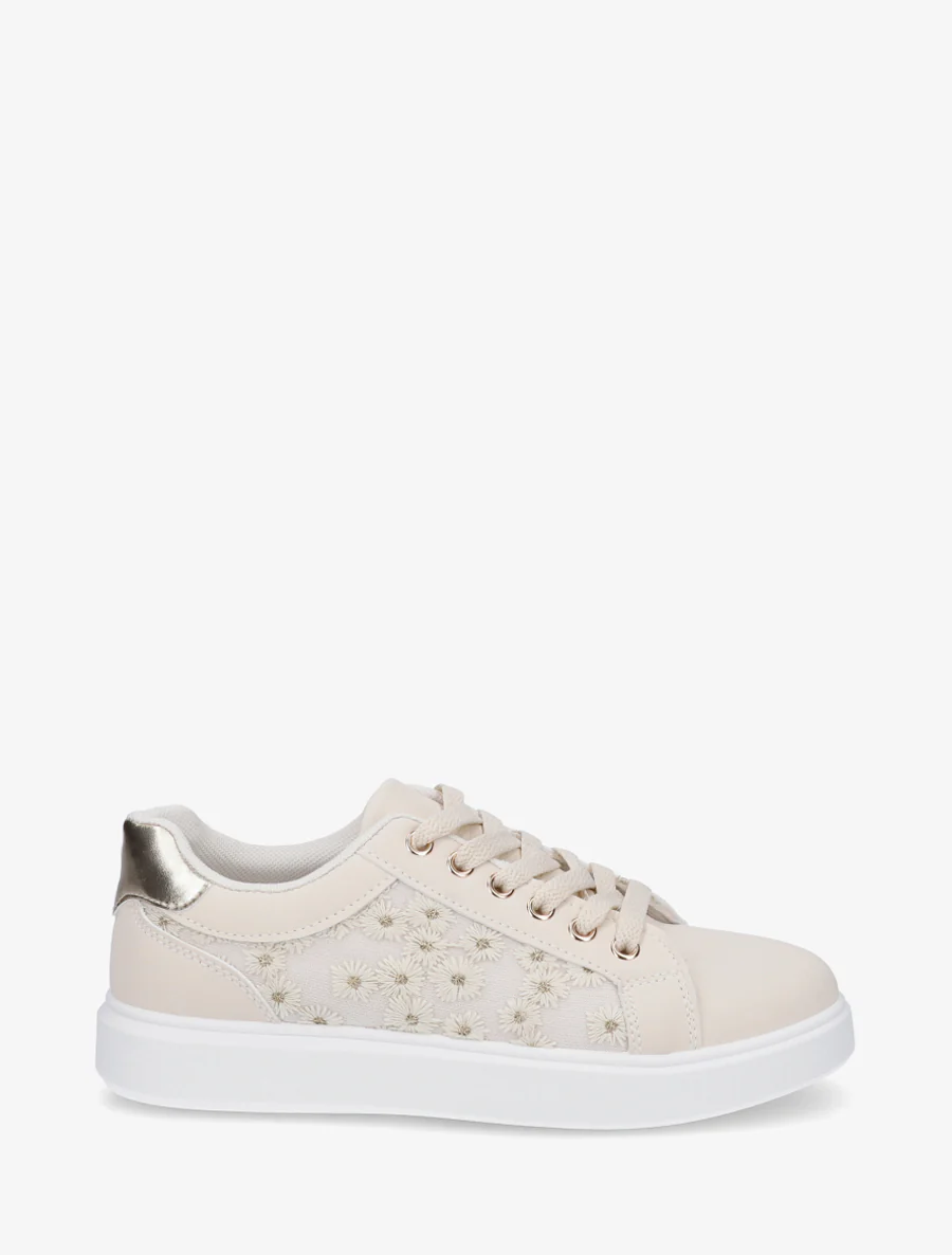 Sneakers met margrietmotief borduursel - Beige