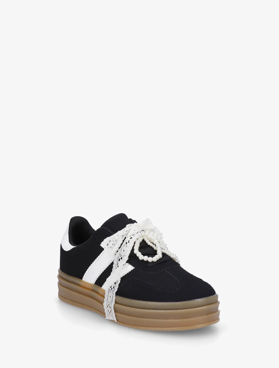 Sneakers van imitatie-nubuck met gestileerde veters. - Zwart - Image 2